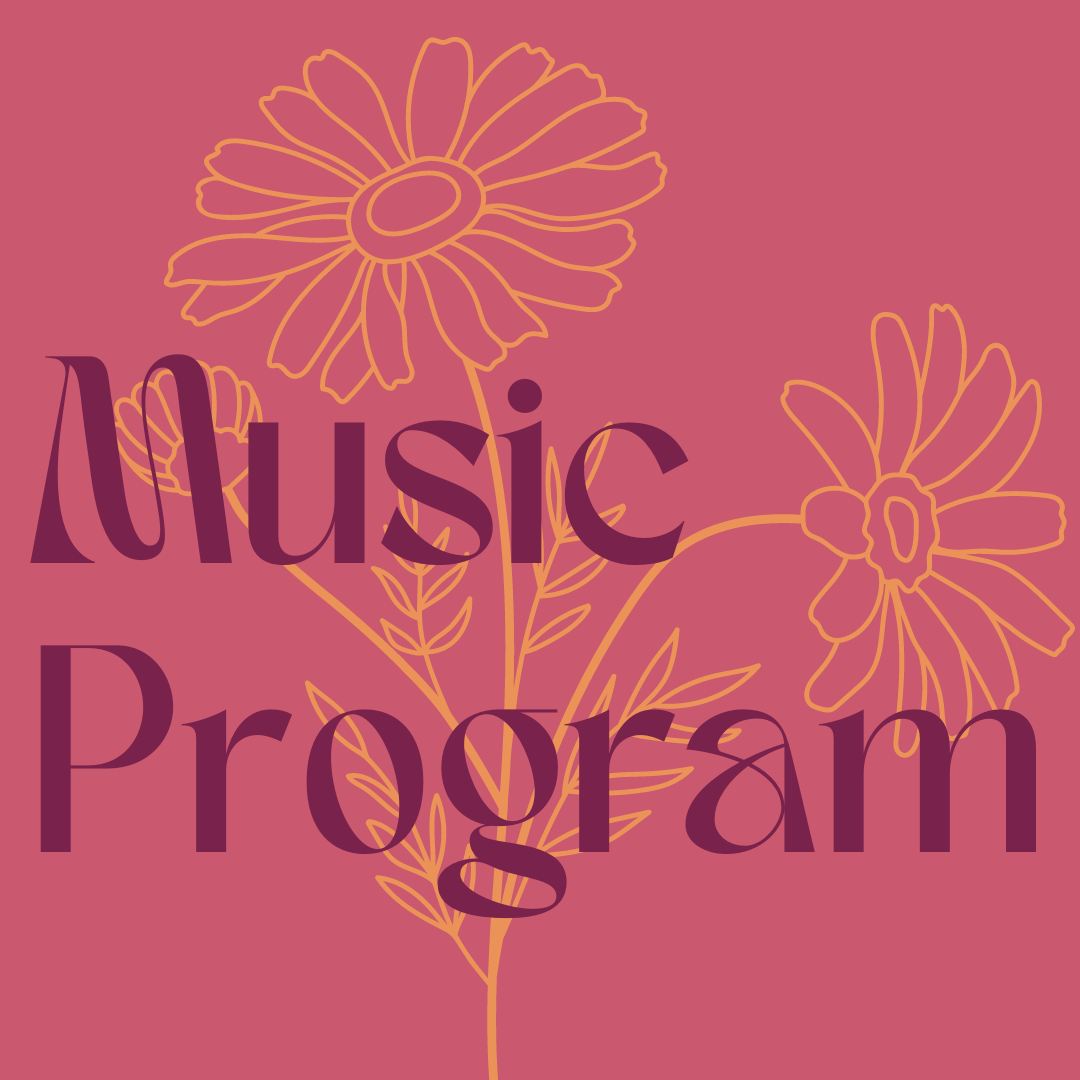 Purple text over a pink background with a yellow daisy outline reads 