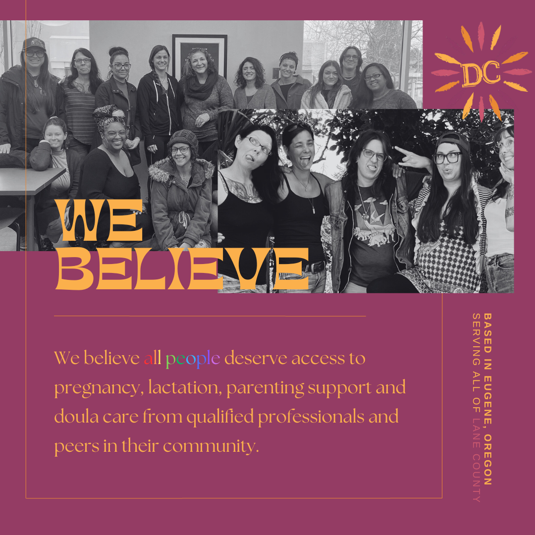 A maroon background has two black and grey photos of Daisy Chain staff: one with 14 folks smiling beside each other and another photo with 5 members of the Dandelion Doula team making silly faces. Large text in yellow reads: 