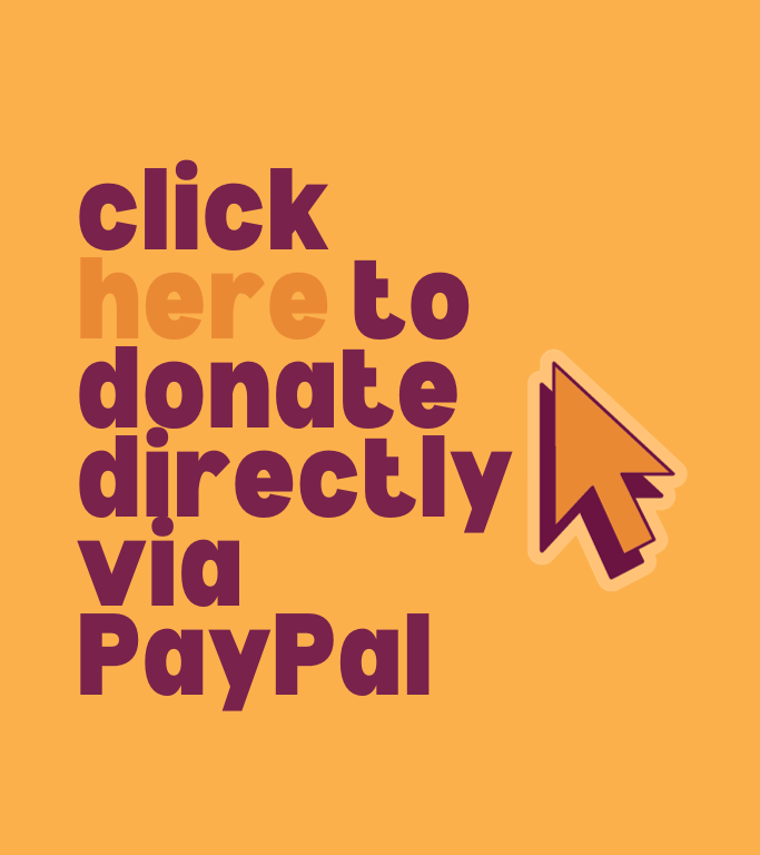 maroon letters on a gold background read "Click here to donate directly via PayPal." An orange icon of a computer arrow is placed to the right of the text.